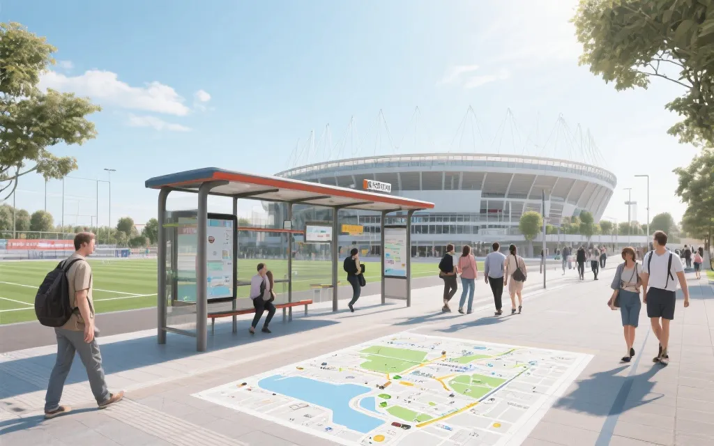 球迷区公共交通与步行路线的旅行规划概念图