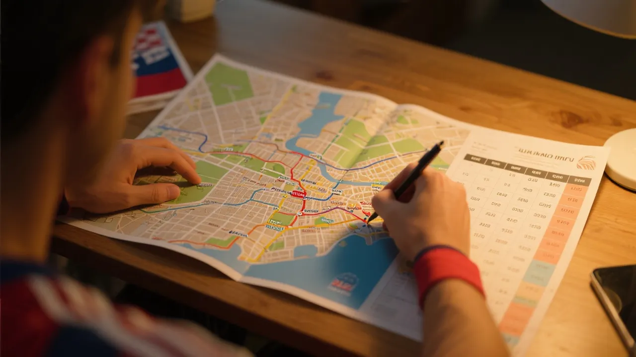 球迷在城市地图上标记球场与交通线路的规划场景，体现淘票路线图与城市串联