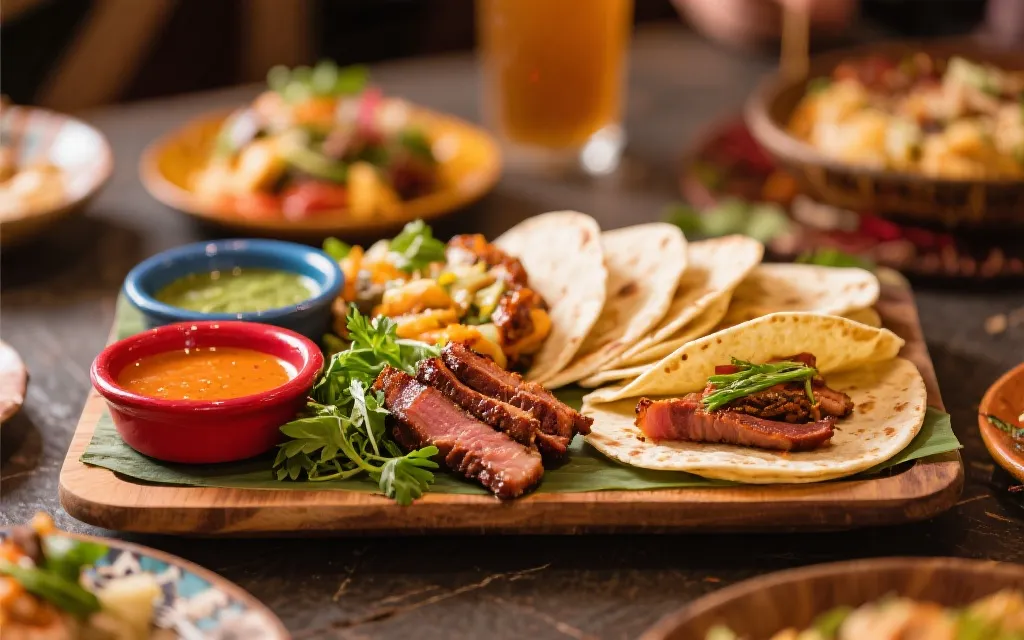 融合风味拼盘：玉米饼、香草、烟熏肉与蘸酱的桌面特写