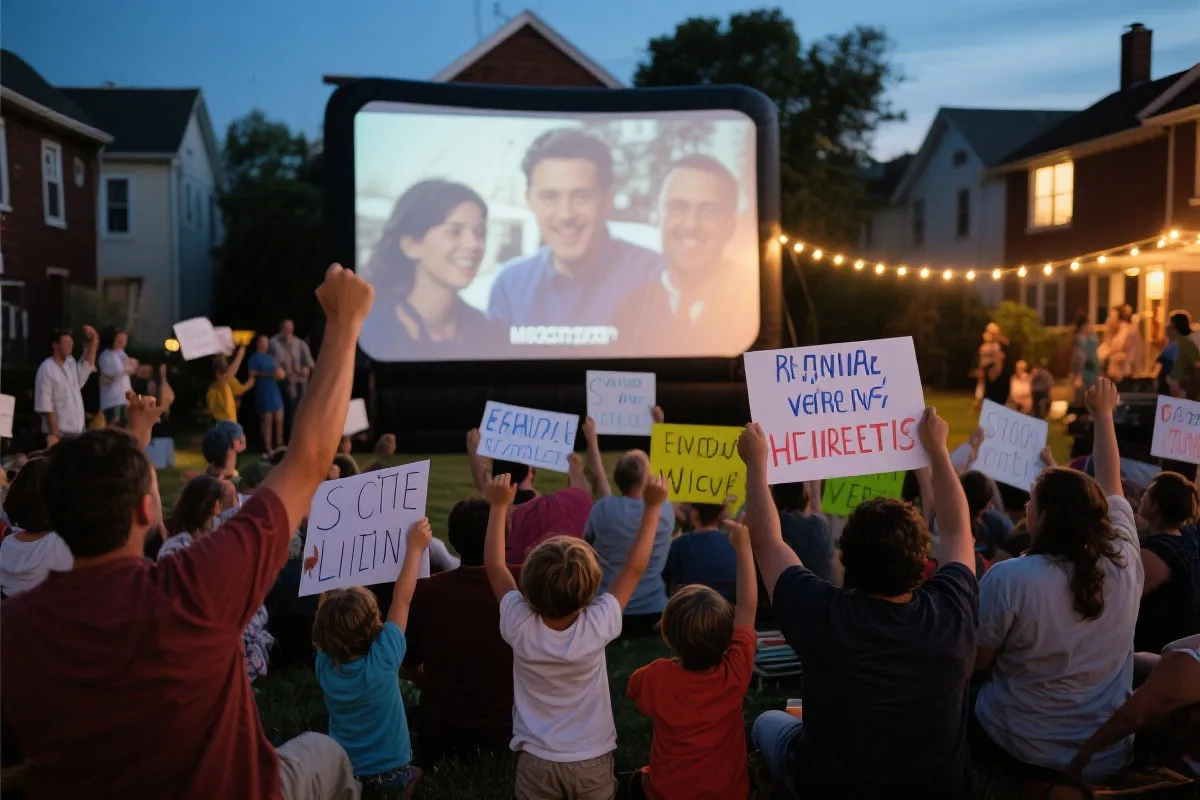 社区多语言世界杯观赛活动：志愿者举着多语言助威口号牌，周围有家庭与新移民社群在大屏幕前欢呼