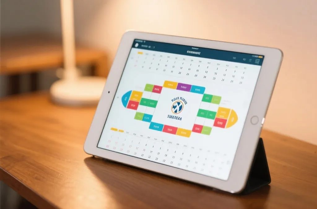 A clean digital tablet screen displaying a colorful sports tournament bracket and schedule calendar